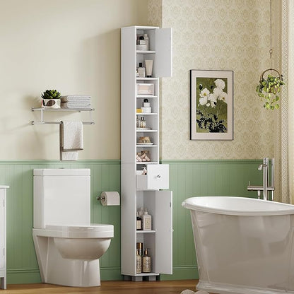 TEENFON Bathroom Cabinet, Narrow Bathroom Storage Cabinet with 5 Adjustable Shelves & Drawer, Freestanding Cupboard for Small Spaces, White