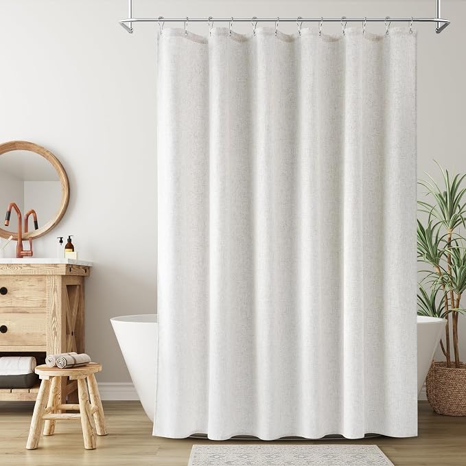 Extra Wide Linen Shower Curtain for Bathroom 108 Inch White Solid | 10ft Ceiling to Floor Wrap Around Bath Curtains with Hook, Neutral Farmhouse, Simple Luxury Shower Decor, 1 Panel, 108x72