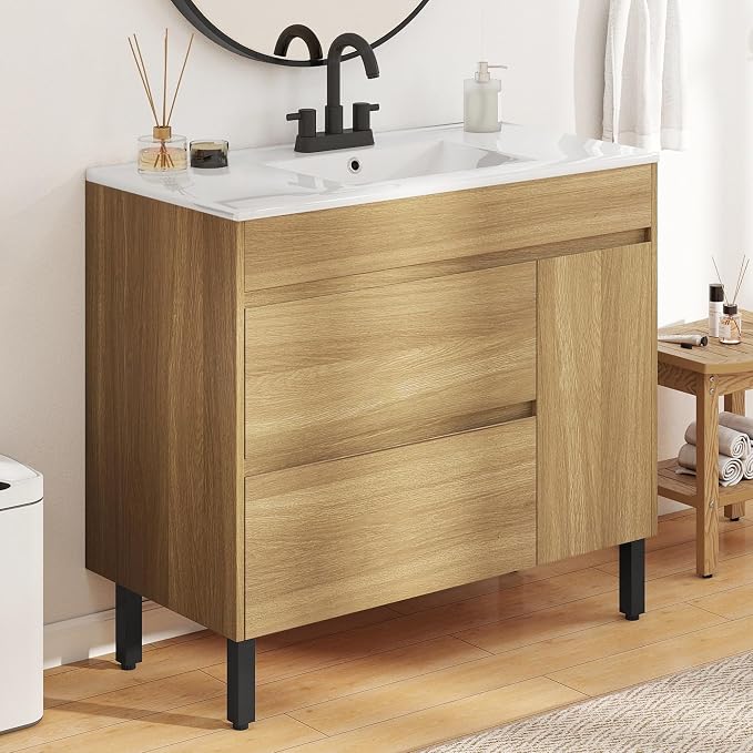 YITAHOME 36 Inch Bathroom Vanity with Sink | Bathroom Cabinet Vanity, Freestanding Storage Bathroom Vanity with 1 Soft Closing Cabinet & 2 Drawers, Natural Brown