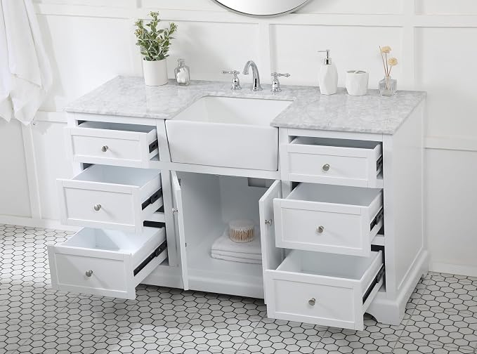 60" Pre-Assembled Bathroom Vanity with Sink, Solid Birch and MDF, Carrara White Marble Countertop Attached, Single Rectangle Porcelain Sink, 6 Soft-Close Drawers, White
