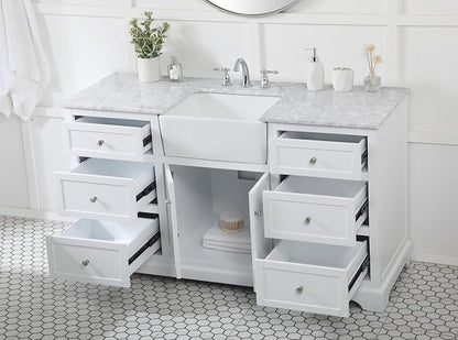 60" Pre-Assembled Bathroom Vanity with Sink, Solid Birch and MDF, Carrara White Marble Countertop Attached, Single Rectangle Porcelain Sink, 6 Soft-Close Drawers, White
