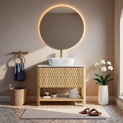 36" Bathroom Vanity with Sink, Freestanding Bathroom Storage Cabinet with Marble-Pattern Ceramic Basin & 2 Bamboo Texture Doors, Floor Stand Vanity Combo with Bottom Open Shelf, Natural