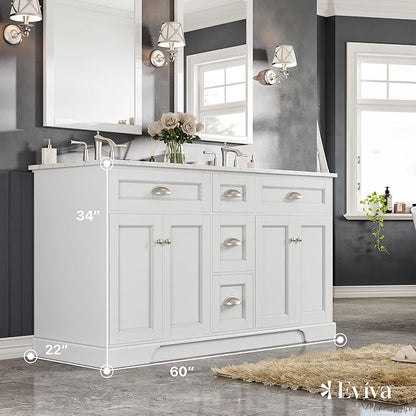 Eviva White 60 inch Bathroom Vanity with Sink - Porcelain Round-Bathroom Vanity Double Sink-Solid Wood 60" Vanity Bathroom Sink-Marble Top Double Vanity Sink Cabinet