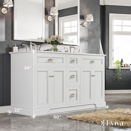 Eviva White 60 inch Bathroom Vanity with Sink - Porcelain Round-Bathroom Vanity Double Sink-Solid Wood 60" Vanity Bathroom Sink-Marble Top Double Vanity Sink Cabinet