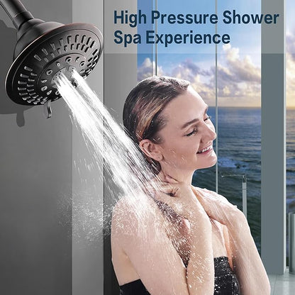 BRIGHT SHOWERS High Pressure Rain Shower Head, Fixed Shower Head with 5 Spray Settings, Adjustable Angle and Anti-Clog Nozzles, Oil Rubbed Bronze