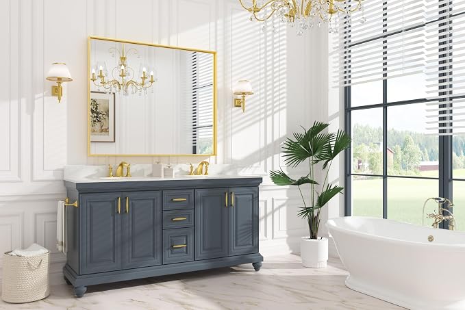 Keonjinn 48x40 Inch Gold Bathroom Mirror for Over Sink, Modern Farmhouse | HD Tempered Glass, Vanity Mirror, Brushed Framed, Square Corner, Rectangular, Wall Mounted Mirrors, Aluminum Alloy