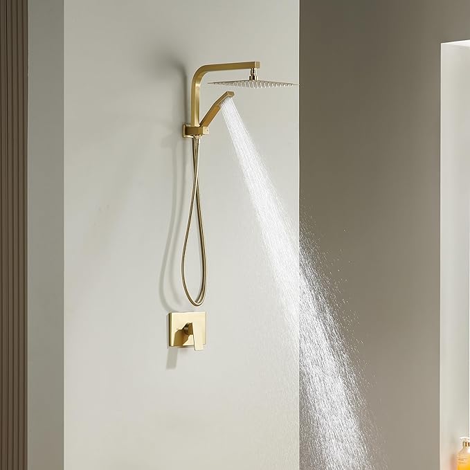 Brushed Gold Shower System with 10Inch Rain Shower Heads with Handheld Spray Combo, Gold Shower Faucet Set with Rain Shower and Handheld, Gold Shower Head and Handle Set(Shower Valve Kit Included)