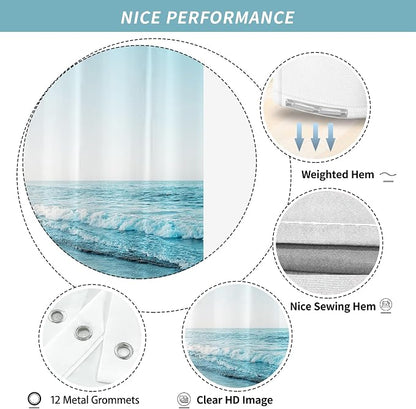 Ocean Beach Coastal Seaside Shower Curtain for Bathroom 72W*72H Inch Nautical Summer Seacoast Beachy Waves Bathtub Decor Seascape Neutral Waterproof Polyester Fabric Set with 12 Hooks