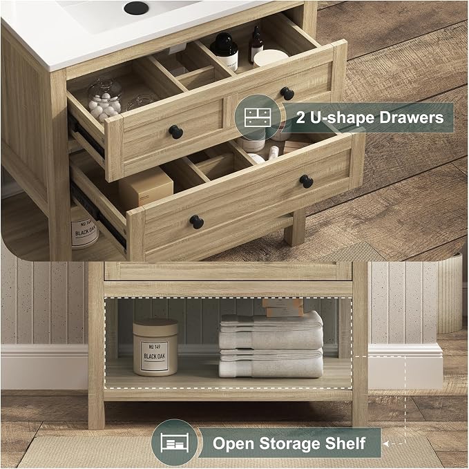30 Inch Bathroom Vanity with Sink, Farmhouse Storage Cabinet with Drawers & Open Storage Shelf, Easy Assembly, Adjustable Feet, Oak