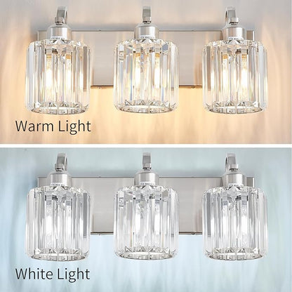 Modern Vanity Light 3-Lights Brushed Nickel Vanity Light Crystal Bathroom Wall Light Bathroom Light Fixtures with Round Shade (Exclude Bulb)
