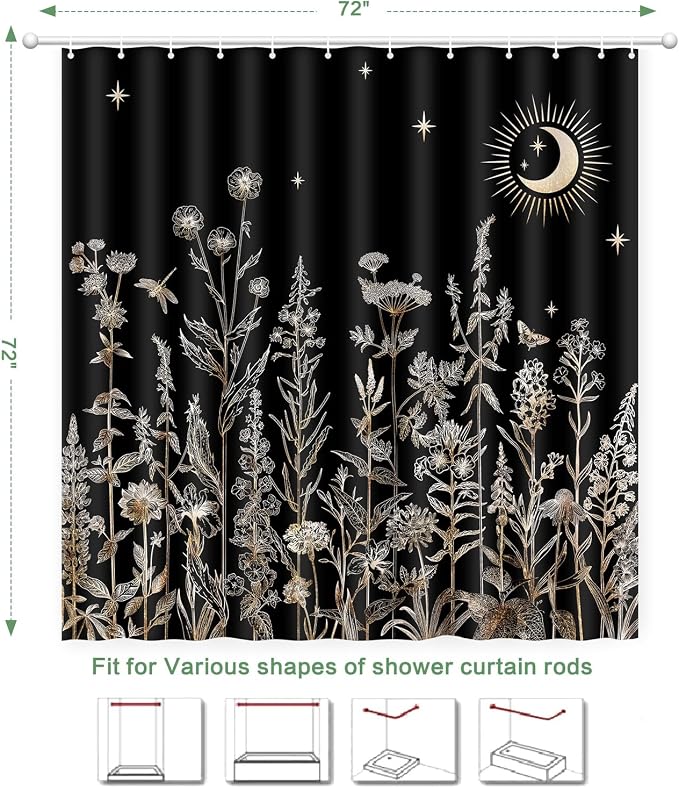 Shower Curtain Black Floral, Vintage Botanical Flowers Shower Curtain for Bathroom with Hooks, Polyester Waterproof shower curtain Machine Washable Farmhouse Home Decor Bath Curtain 72x72 Inch