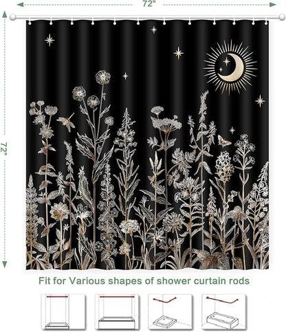 Shower Curtain Black Floral, Vintage Botanical Flowers Shower Curtain for Bathroom with Hooks, Polyester Waterproof shower curtain Machine Washable Farmhouse Home Decor Bath Curtain 72x72 Inch