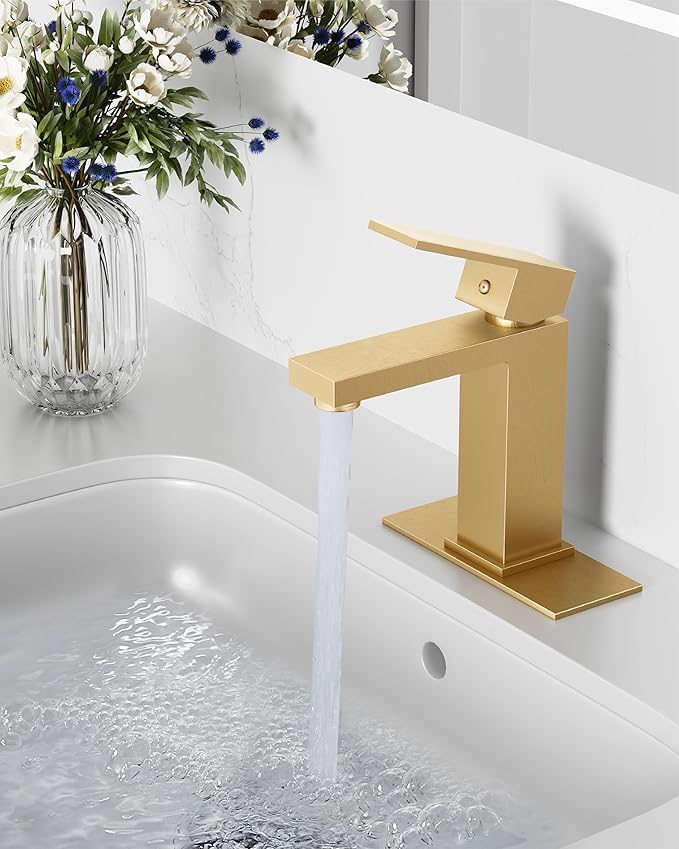 Midanya Bathroom Faucets 1 Hole, Single Handle Stainless Steel Bathroom Sink Faucet, Modern Vanity Faucets with Deck Plate,Water Supply Hoses and Pop Up Drain,Brushed Gold