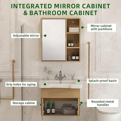 24" Floating Vanity ADA Compliant Modern Wall-Mount Small Bathroom Vanity with Ceramics Sink Modern Hand & Mirror Cabinet Combo with Two Doors for Elderly, Seniors, Handicap & Disabled