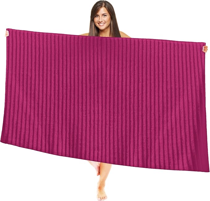 Elegant Comfort 100% Turkish Cotton Corduroy Ribbed Luxury Jumbo Bath Towel Ultra Soft - 35 x 70 Inch - Luxury Spa Premium Hotel Quality Highly Absorbent and Quick Dry Large Bath Towel, Hot Pink