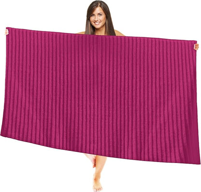 Elegant Comfort 100% Turkish Cotton Corduroy Ribbed Luxury Jumbo Bath Towel Ultra Soft - 35 x 70 Inch - Luxury Spa Premium Hotel Quality Highly Absorbent and Quick Dry Large Bath Towel, Hot Pink