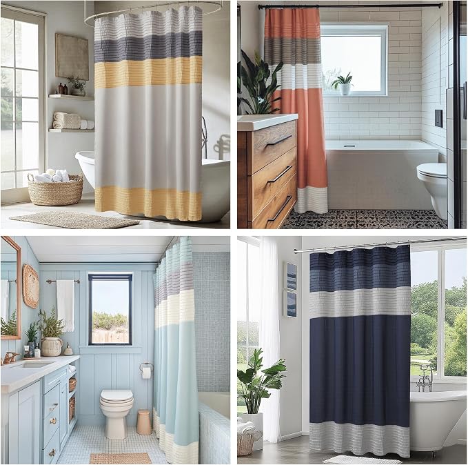 Madison Park Amherst Bathroom Shower Curtain Faux Silk Pieced Striped Modern Microfiber Bath Curtains, 72x72" Inches, Blue | Modern Classic, Light Sheen, Pieced, Striped, Microfiber, Machine Washable, OEKO-TEX Certified, Amherst