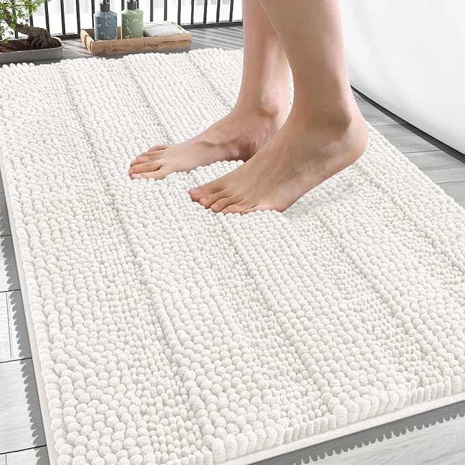 OLANLY Thick Bathroom Rugs 34x21, Soft Chenille Striped Bath Rugs, Ivory | Rubber Backing, Machine Wash, Extra Absorbent Bath Mats for Bathroom Floor, Tub and Shower, Home Decor Accessories