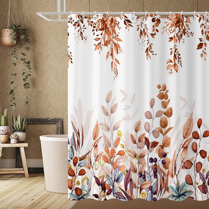 Fall Eucalyptus Leaf Long Shower Curtain, Watercolor Autumn Thanksgiving Botanical Plants Bathroom Curtain Bathtub Home Decor Waterproof Fabric Machine Washable with 12 PCS Hooks,72" Wx84 L