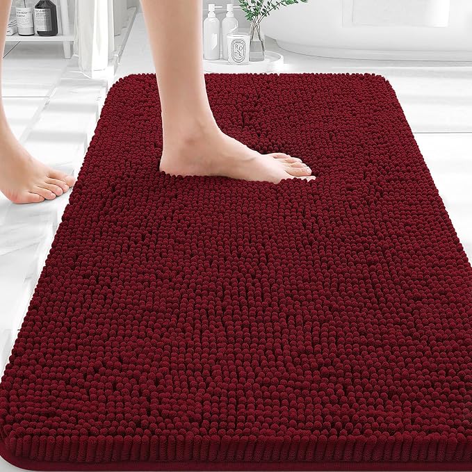 OLANLY Bathroom Rugs 35x24, Extra Soft Absorbent Chenille Bath Rugs | Burgundy, Quick-Drying Rubber Backing, Machine Washable Bath Mat for Bathroom Floor, Tub and Shower, Home Decor Accessories