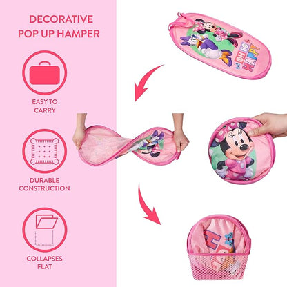 Disney Minnie Mouse Pop-Up Hamper,“Oh So Happy” Design, 21”H x 13.5”W x 13.5”L, Durable & Collapsible Laundry Basket with Carry Handles for Kids Room