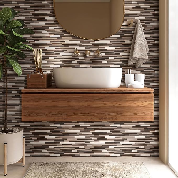Yipscazo 1 Sheet Peel and Stick Stone Metal Tile Backsplash, Stick on Tiles for Backsplash Kitchen, Bathroom, Laundry Room, Camper, Fireplace (12'' X 12'', Brown Wood)