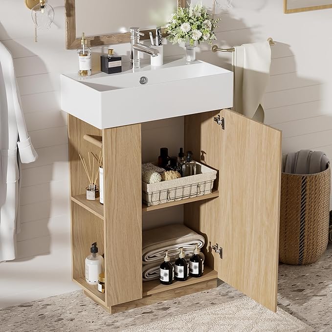 Merax Small Bathroom Vanity, Modern Floor Standing Bathroom Vanity with Sink, Ceramic Sink Vanity with Side Storage Shelves and Toilet Paper Holders, Oak