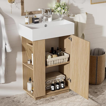 Merax Small Bathroom Vanity, Modern Floor Standing Bathroom Vanity with Sink, Ceramic Sink Vanity with Side Storage Shelves and Toilet Paper Holders, Oak