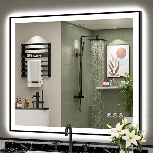 40x38 Black Framed LED Bathroom Mirror with Lights, Backlit and Front Lit Anti-Fog Lighted Vanity Mirrors for Bathroom Wall, Dimmable, 3 Colors, Memory, HD Tempered Glass, Horizontal/Vertical