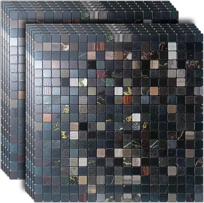10 Sheets Peel and Stick Backsplash Tile for Kitchen, Self-Adhesive Mosaic Tile, Stick on Bathroom Vanities，Fireplace Décor, Laundry Table(12" X 12") (Black Printing)