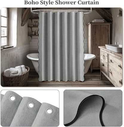 BTTN Long Shower Curtain, 80 Inch Boho Scalloped Linen Textured Heavy Duty Fabric Shower Curtain Set with 12 Hooks, Large Neutral Rustic Modern Waterproof Shower Curtains for Bathtub, 72×80, Grey/Gray