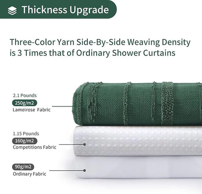 Extra Long Dark Green Shower Curtain Boho, 72 x 78 Cotton Blend Waffle Weave Stripe Textured Heavy Duty, Fabric Shower Curtain for Bathroom