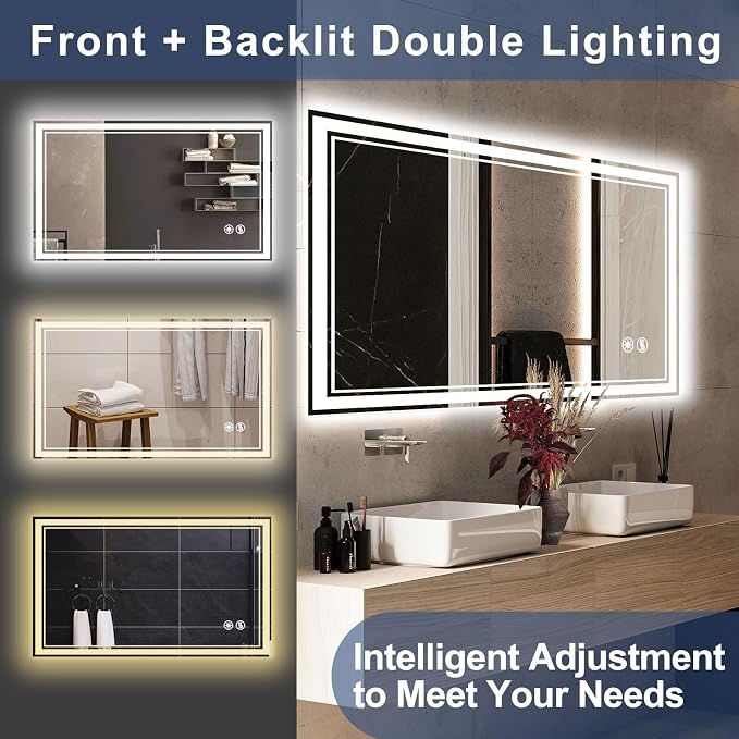 48“ x 28” LED Bathroom Mirror with Lights Anti-Fog Dimmable 3 Colors LED Mirror for Bathroom Memory Function Smart Mirror Wall Mounted Horizontal/Vertical