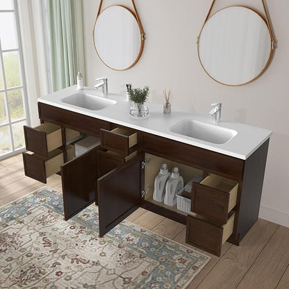 HomeBeyond 84 Inches Bathroom Vanity Base Cabinet Without Sink, Double Sink Top with Door & Soft Closing Drawers, Sturdy Floor Mounted Cabinet 2-Door 7-Drawer, Brown