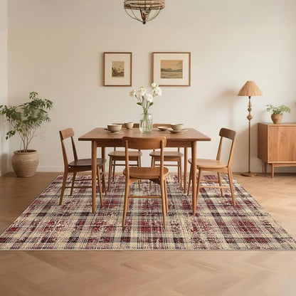 Washable Rugs 8x10 Rug for Living Room Bedroom Rug Modern Plaid Area Rug Soft Carpet 8'x10' Red