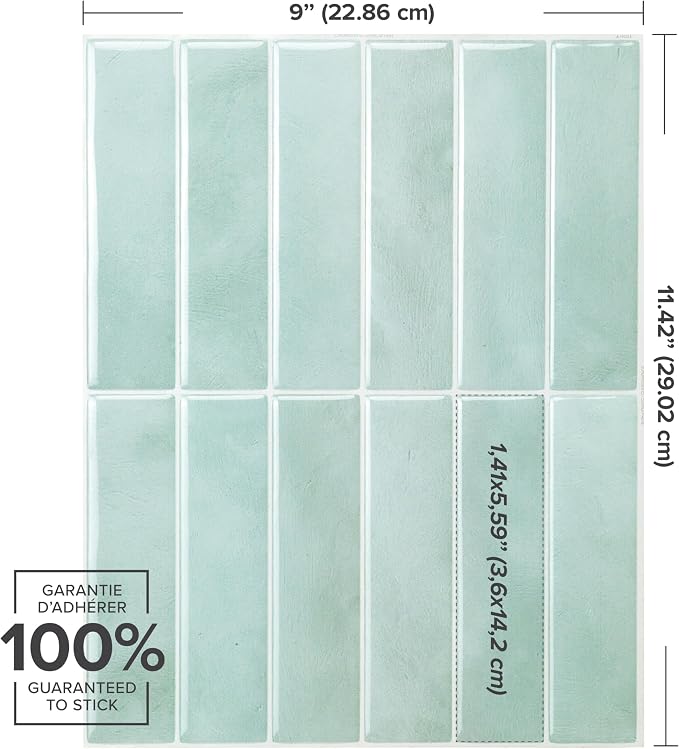 Smart Tiles Peel and Stick backsplash, Stacked Teal, 11.43"x9" | Pack of 5 (3.5 sq ft), Glossy, Heat/Moisture Resistant, Low VOC, Kitchen/Bathroom, Renter Friendly, Made in Canada
