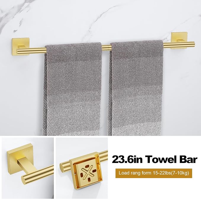 Brushed Gold Bathroom Hardware Accessories Towel Bar Set, 10 Pieces Bathroom Towel Bar Holder Set, 23.6 Inch Stainless Steel Toilet Paper Holder Towel Racks for Bathroom Wall Mounted