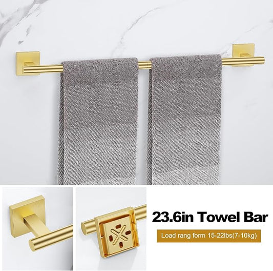 Brushed Gold Bathroom Hardware Accessories Towel Bar Set, 10 Pieces Bathroom Towel Bar Holder Set, 23.6 Inch Stainless Steel Toilet Paper Holder Towel Racks for Bathroom Wall Mounted