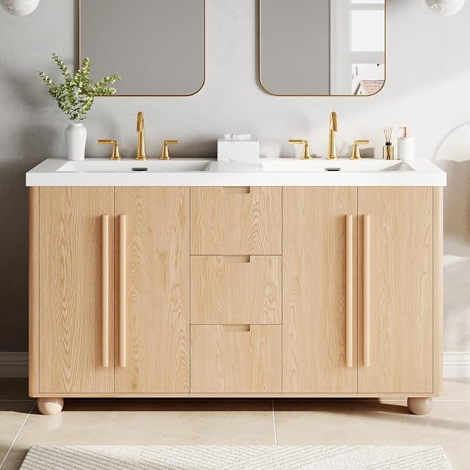 60 Inch Double Bathroom Vanity with Double Sinks, Soft Closing Doors and Drawers, Solid Wood Frame & MDF Modern Bathroom Sink Cabinet, Freestanding, Nature Wood
