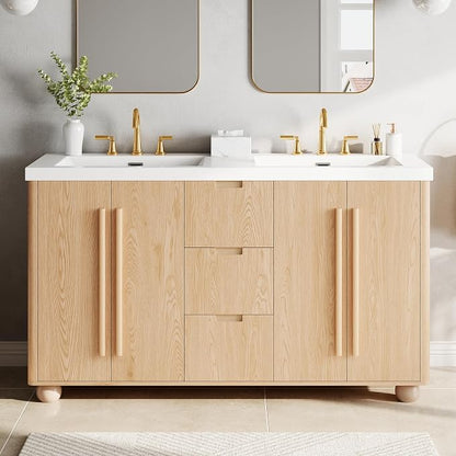 60 Inch Double Bathroom Vanity with Double Sinks, Soft Closing Doors and Drawers, Solid Wood Frame & MDF Modern Bathroom Sink Cabinet, Freestanding, Nature Wood