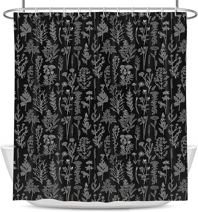Coxila Vintage Floral Shower Curtain Black and White Retro Flower Dark Gray Grey Botanical Plant Boho Country Rustic Gothic Goth Moody Cute Antique Bathroom 60 x 72 Inch Polyester Fabric 12 Pack Hooks