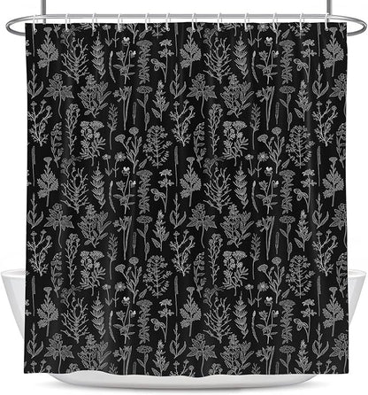 Coxila Vintage Floral Shower Curtain Black and White Retro Flower Dark Gray Grey Botanical Plant Boho Country Rustic Gothic Goth Moody Cute Antique Bathroom 60 x 72 Inch Polyester Fabric 12 Pack Hooks