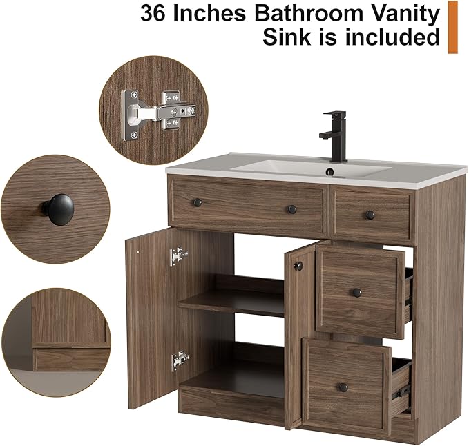 LUCKWIND 36" Bathroom Vanity Sink Combo, Modern Bathroom Cabinet with Undermount Solid Surface Vanity Sink, Soft-Close Hinges & Water-Saving Faucet, Taupe