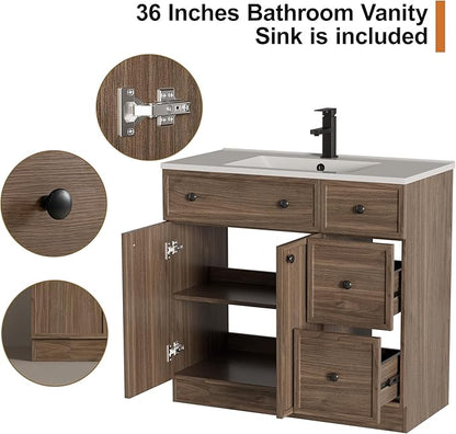 LUCKWIND 36" Bathroom Vanity Sink Combo, Modern Bathroom Cabinet with Undermount Solid Surface Vanity Sink, Soft-Close Hinges & Water-Saving Faucet, Taupe