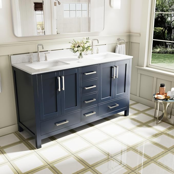 60-Inch Bathroom Vanity with Sink, 4 Soft-Close Doors and 6 Soft-Close Drawers, Bathroom Freestanding Vanity with Cultured Marble Countertop, Navy Blue Vanity with Brushed Nickel Handles