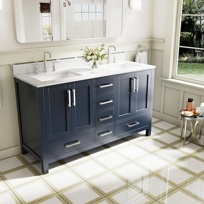 60-Inch Bathroom Vanity with Sink, 4 Soft-Close Doors and 6 Soft-Close Drawers, Bathroom Freestanding Vanity with Cultured Marble Countertop, Navy Blue Vanity with Brushed Nickel Handles
