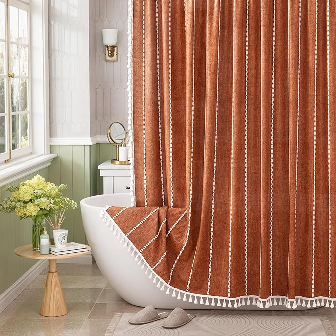 Bathway Farmhouse Shower Curtain Boho with Tassels, Linen Blend Heavy Duty Shower Curtain Set with 12 Metal Hooks, Vintage Rustic Fabric Curtain for Children Bathroom Window, 72x72 Inches, Fire Orange