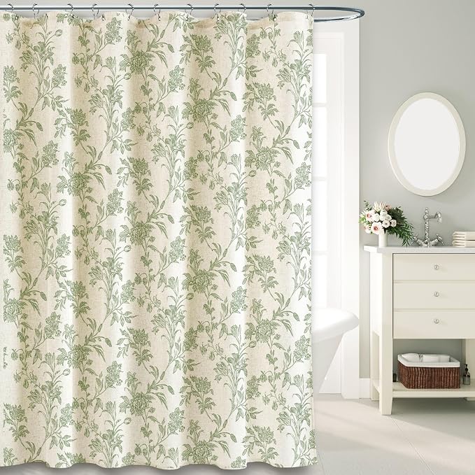 WOUVMA Sage Green Shower Curtain Floral Cotton Linen Cottagecore Shower Curtain for Bathroom 72" W x 75" L