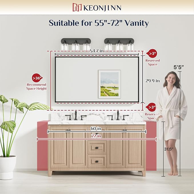 Keonjinn 55 x 30 Inch Black Large Bathroom Mirrors for Over Sink | Metal Frame, Rectangular Mirror for Wall, Beveled Framed Design, Rustic Bathroom Vanity Mirror, Tempered Glass, Square Corner