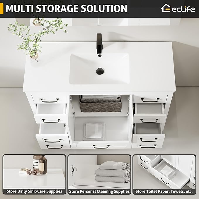 eclife 48" Bathroom Vanities with Sink Combo, Modern Thickened Wood Bathroom Storage Cabinet w/Undermount Single Sink, Matte Black Faucet Drain, Painted Surface, White